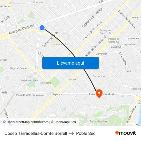 Josep Tarradellas-Comte Borrell to Poble Sec map