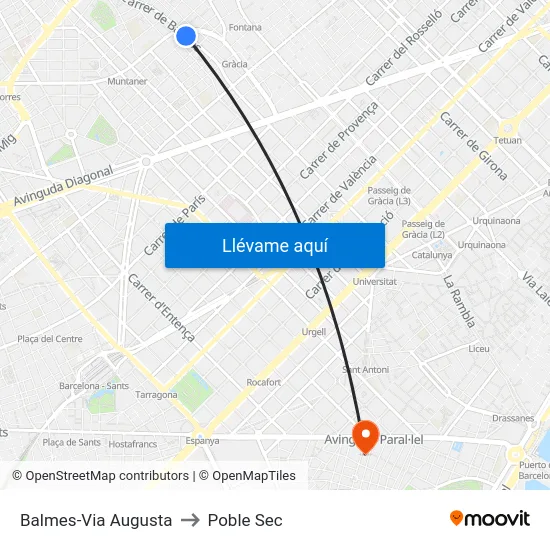 Balmes-Via Augusta to Poble Sec map