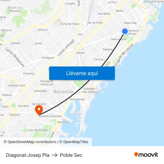 Diagonal-Josep Pla to Poble Sec map
