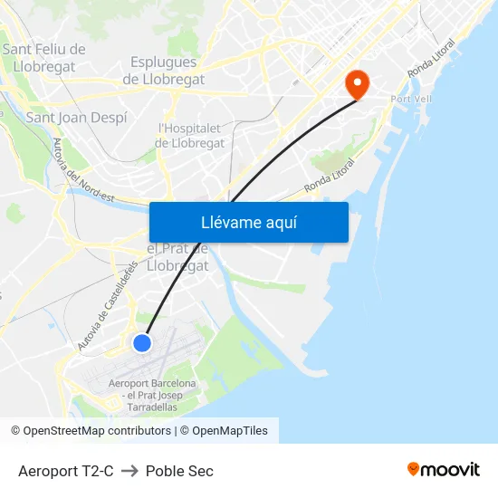 Aeroport T2-C to Poble Sec map