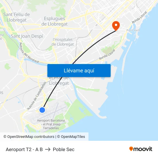 Aeroport T2 - A B to Poble Sec map