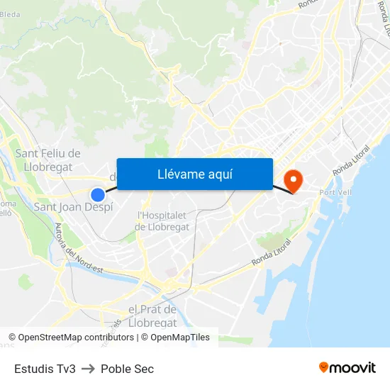 Estudis Tv3 to Poble Sec map