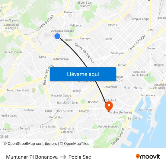 Muntaner-Pl Bonanova to Poble Sec map