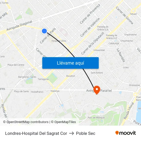 Londres-Hospital Del Sagrat Cor to Poble Sec map