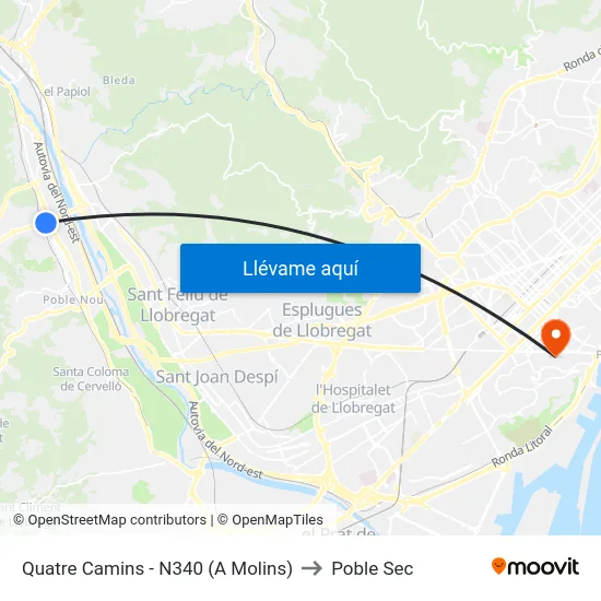 Quatre Camins - N340 (A Molins) to Poble Sec map