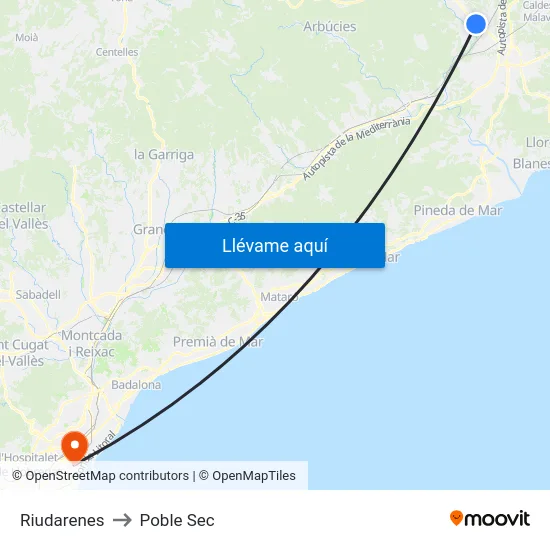 Riudarenes to Poble Sec map