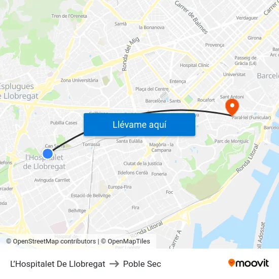 L’Hospitalet De Llobregat to Poble Sec map