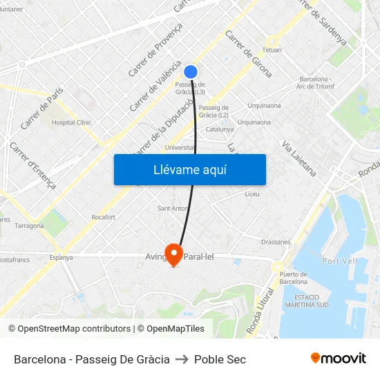 Barcelona - Passeig De Gràcia to Poble Sec map