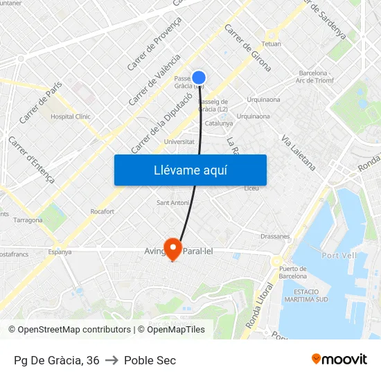 Pg De Gràcia, 36 to Poble Sec map