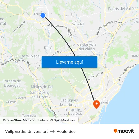 Vallparadís Universitat to Poble Sec map