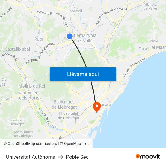 Universitat Autònoma to Poble Sec map