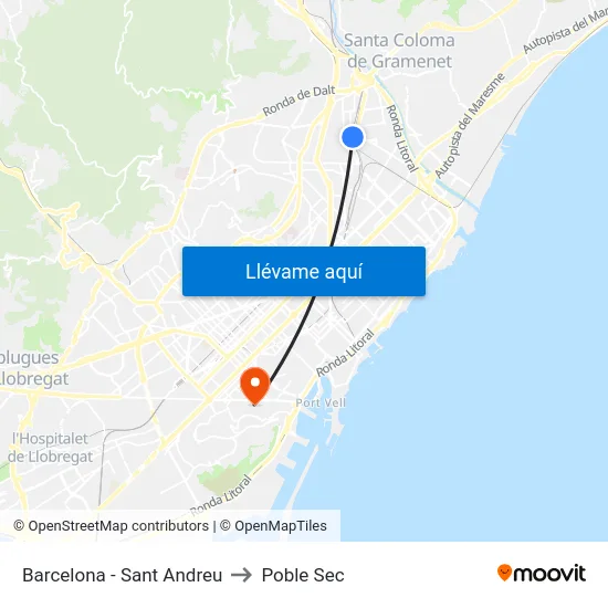 Barcelona - Sant Andreu to Poble Sec map