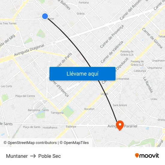 Muntaner to Poble Sec map