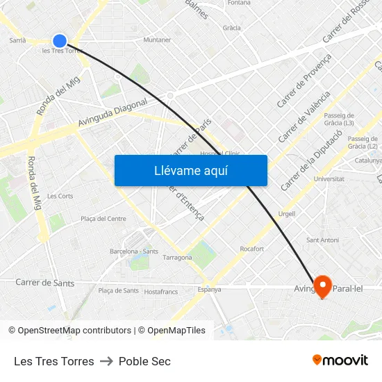 Les Tres Torres to Poble Sec map