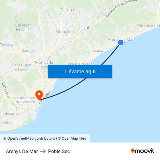 Arenys De Mar to Poble Sec map