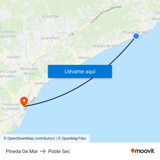 Pineda De Mar to Poble Sec map