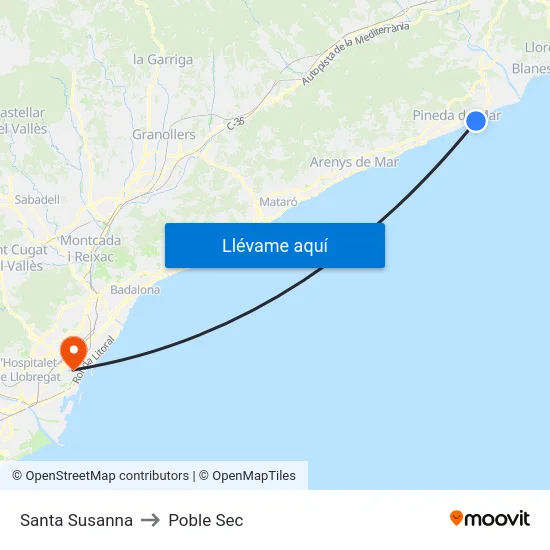 Santa Susanna to Poble Sec map