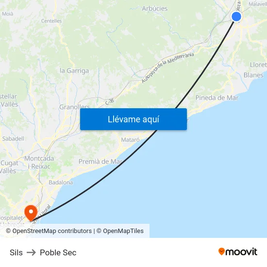 Sils to Poble Sec map