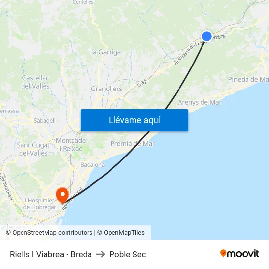 Riells I Viabrea - Breda to Poble Sec map