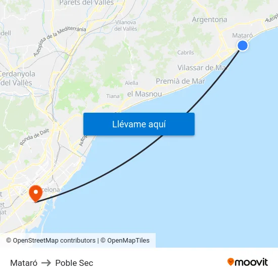 Mataró to Poble Sec map