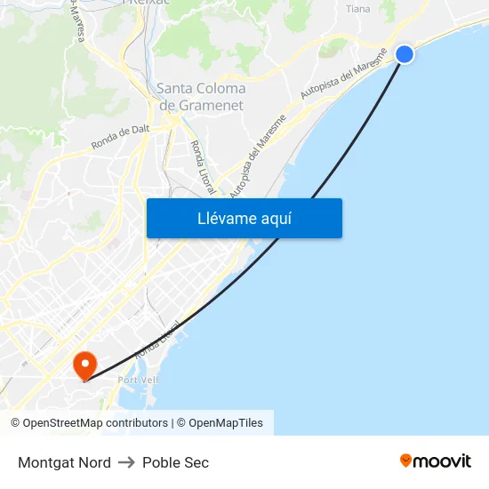 Montgat Nord to Poble Sec map