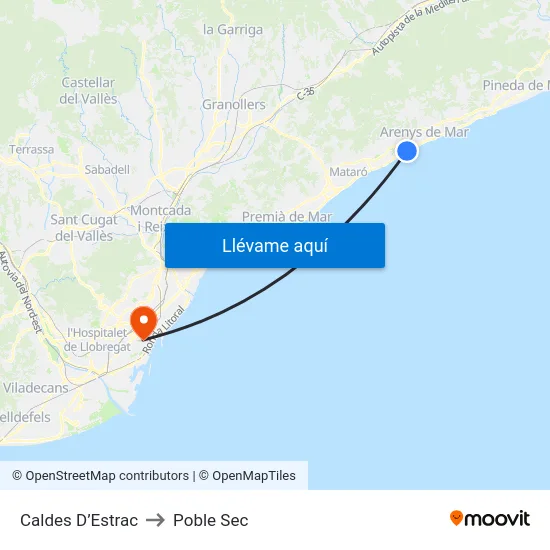 Caldes D’Estrac to Poble Sec map