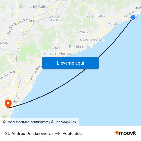 St. Andreu De Llavaneres to Poble Sec map