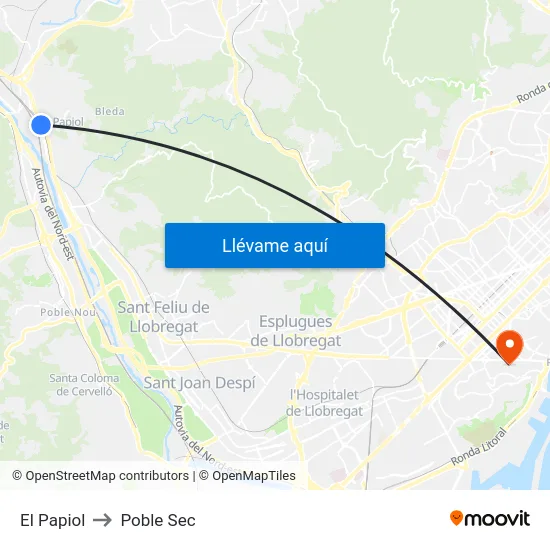 El Papiol to Poble Sec map