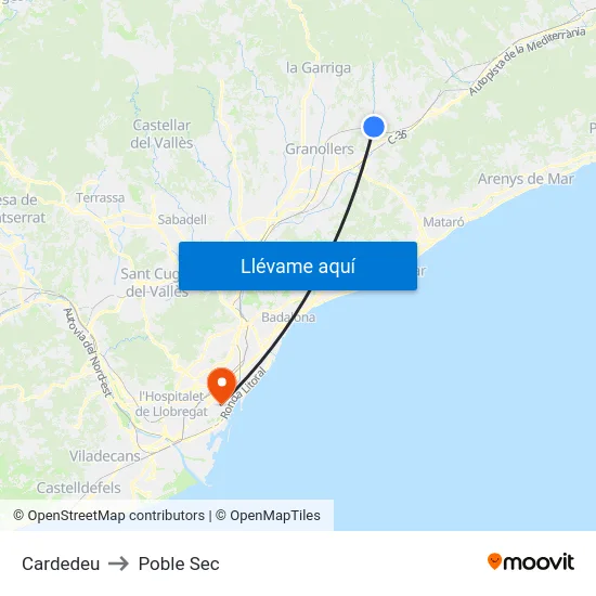 Cardedeu to Poble Sec map