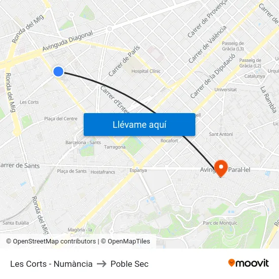 Les Corts - Numància to Poble Sec map