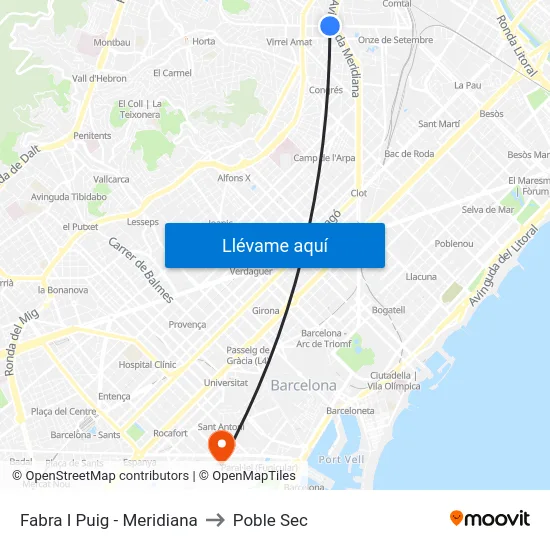 Fabra I Puig - Meridiana to Poble Sec map