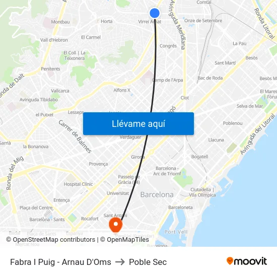 Fabra I Puig - Arnau D'Oms to Poble Sec map