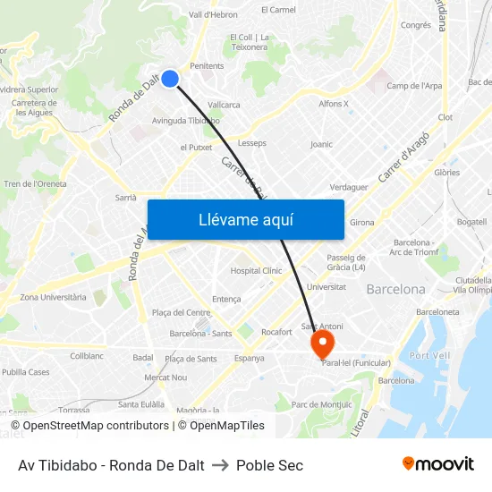 Av Tibidabo - Ronda De Dalt to Poble Sec map