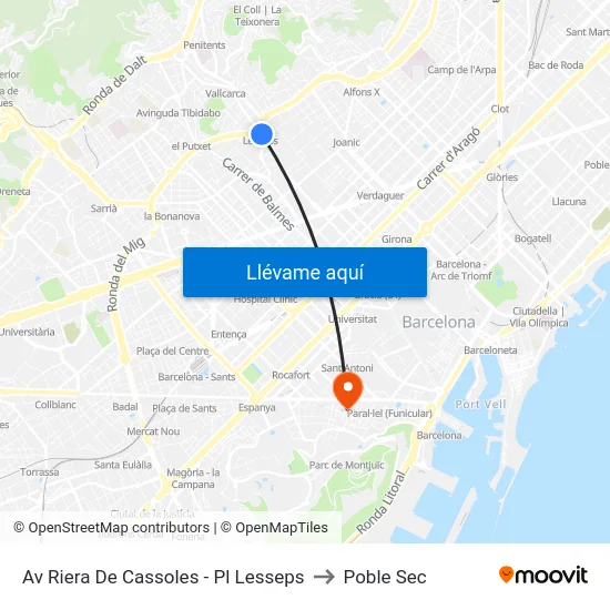 Av Riera De Cassoles - Pl Lesseps to Poble Sec map