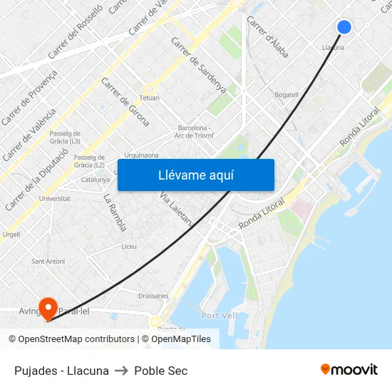 Pujades - Llacuna to Poble Sec map