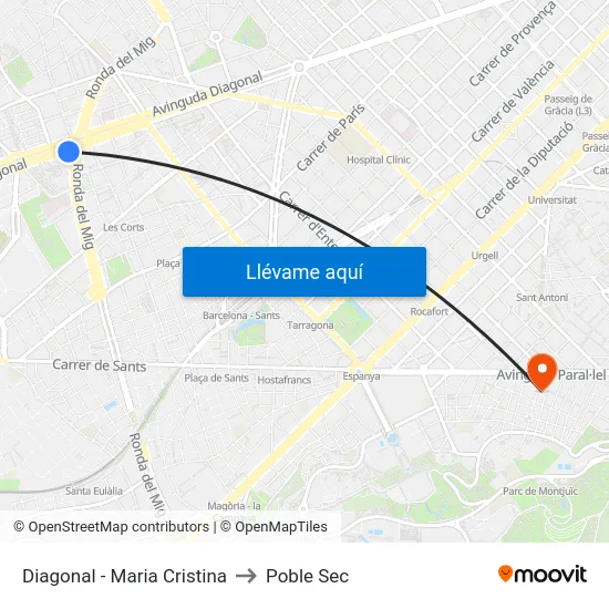 Diagonal - Maria Cristina to Poble Sec map