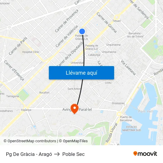 Pg De Gràcia - Aragó to Poble Sec map