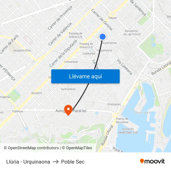 Llúria - Urquinaona to Poble Sec map