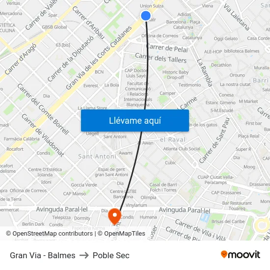 Gran Via - Balmes to Poble Sec map