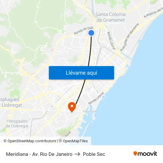 Meridiana - Av. Rio De Janeiro to Poble Sec map