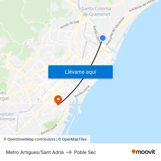 Metro Artigues/Sant Adrià to Poble Sec map