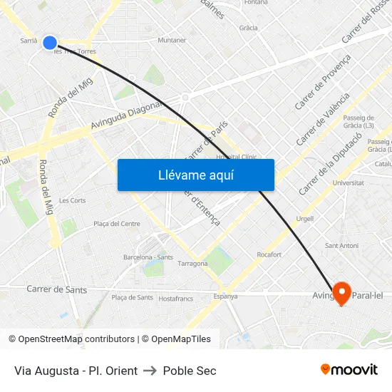 Via Augusta - Pl. Orient to Poble Sec map