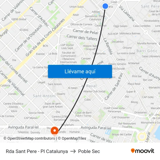 Rda Sant Pere - Pl Catalunya to Poble Sec map