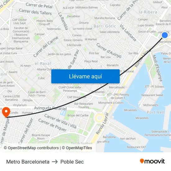 Metro Barceloneta to Poble Sec map