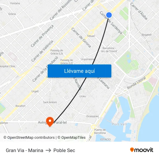 Gran Via - Marina to Poble Sec map