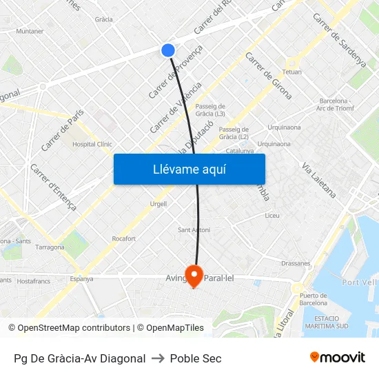 Pg De Gràcia-Av Diagonal to Poble Sec map