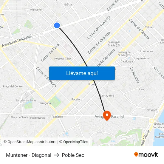 Muntaner - Diagonal to Poble Sec map