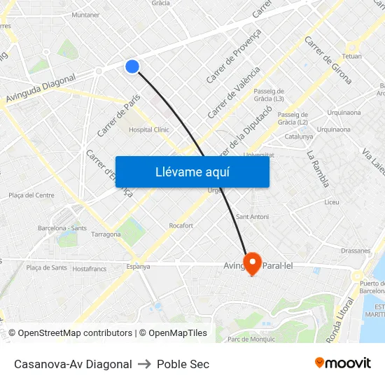 Casanova-Av Diagonal to Poble Sec map