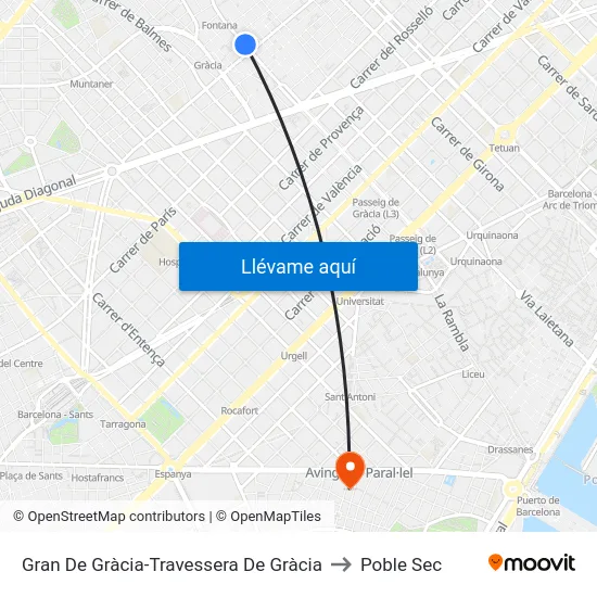 Gran De Gràcia-Travessera De Gràcia to Poble Sec map