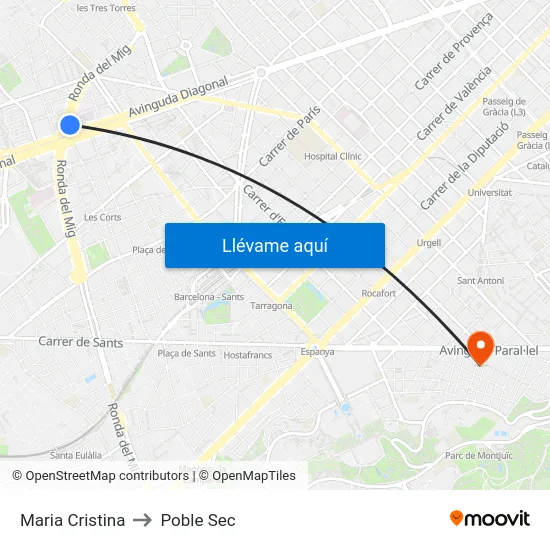 Maria Cristina to Poble Sec map